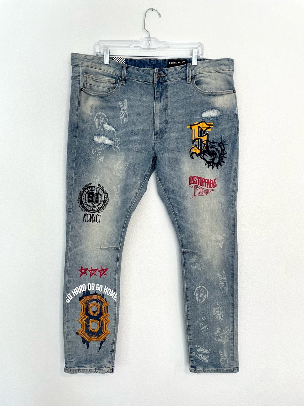 Smoke rise ny 1991 Embroidered Gray Distressed Men’s Jeans